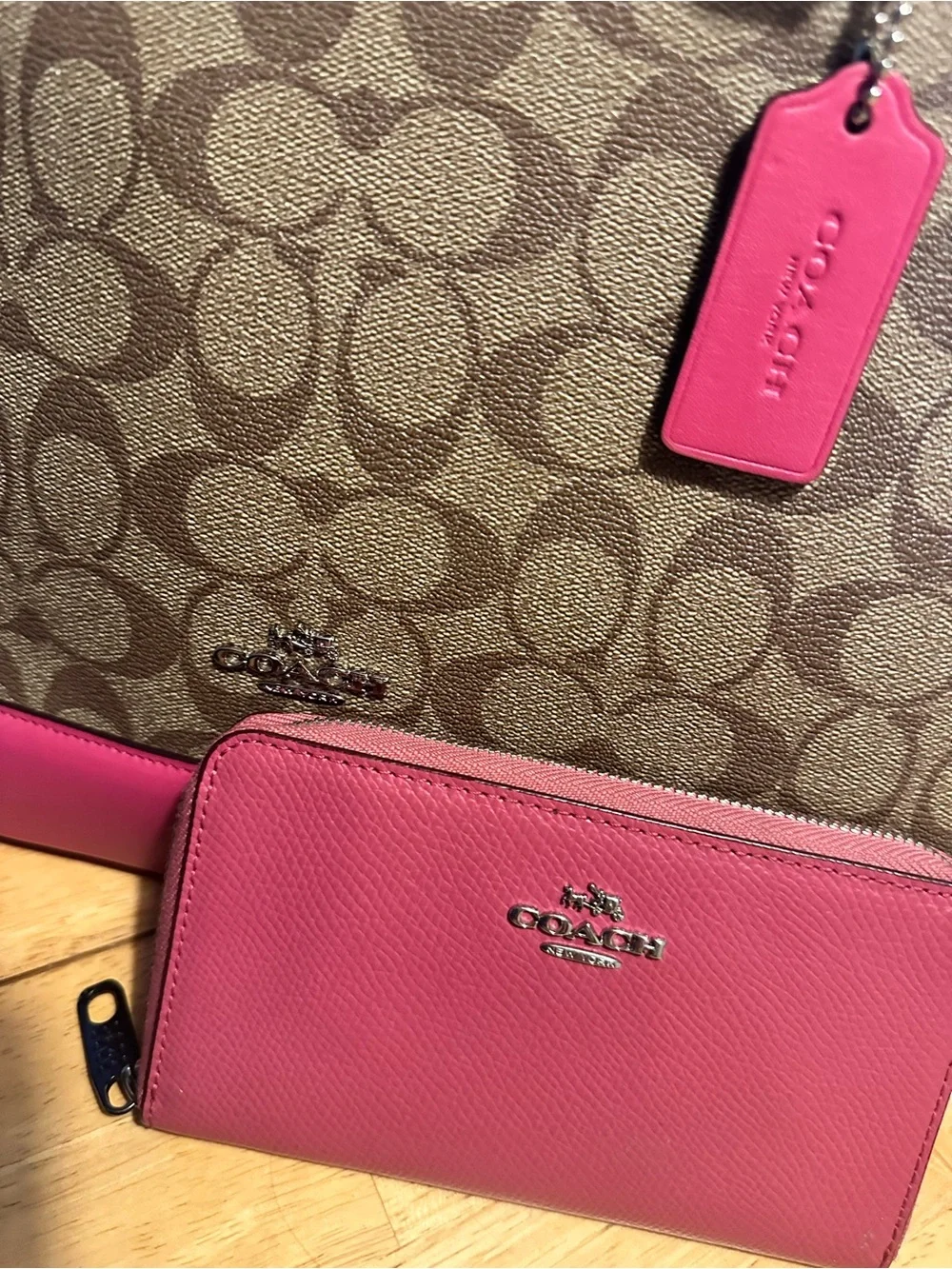 Coach Brown Signature Dome Satchel with Pink Trim and Matching Pink Wallet
